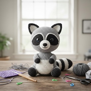 May include: A handmade crochet raccoon doll with a gray body, black and white accents, and a striped tail. The doll is sitting on a wooden surface, surrounded by crochet supplies, including yarn, a crochet hook, and scissors.