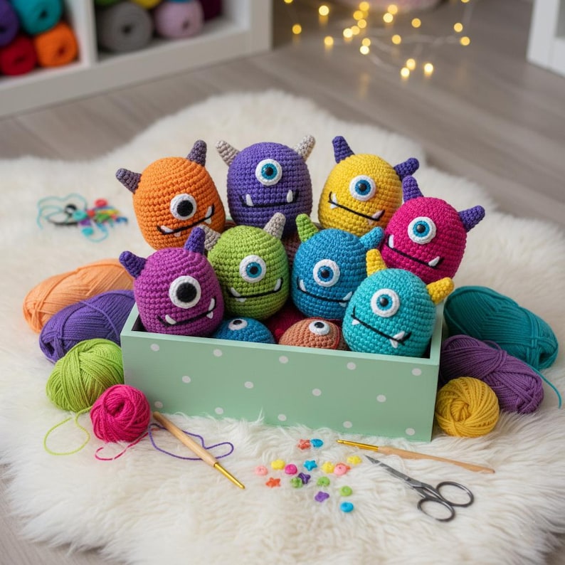 May include: A collection of colorful, crocheted monster toys in a light green box with white polka dots. The monsters are various colors, including orange, purple, yellow, green, blue, and pink. Yarn and craft supplies surround the box on a white fluffy surface.
