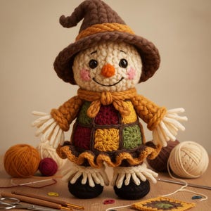 Può includere: Bambola di spaventapasseri all'uncinetto fatta a mano, con cappello marrone, sciarpa arancione e vestito patchwork. La bambola ha un viso sorridente con guance rosate e naso arancione. Sono visibili filati e strumenti per l'uncinetto.
