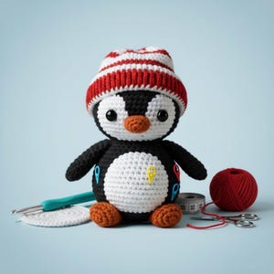 May include: A handmade crochet penguin doll with a white belly, black body, and orange feet and beak. The penguin wears a red and white striped hat. Crochet supplies, including yarn, a crochet hook, and scissors, are in the background.