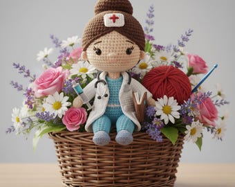 May include: A handcrafted crochet doll dressed as a nurse, seated in a woven basket filled with flowers. The doll wears a white coat, blue scrubs, and a stethoscope. A red ball of yarn and a crochet hook are also in the basket.