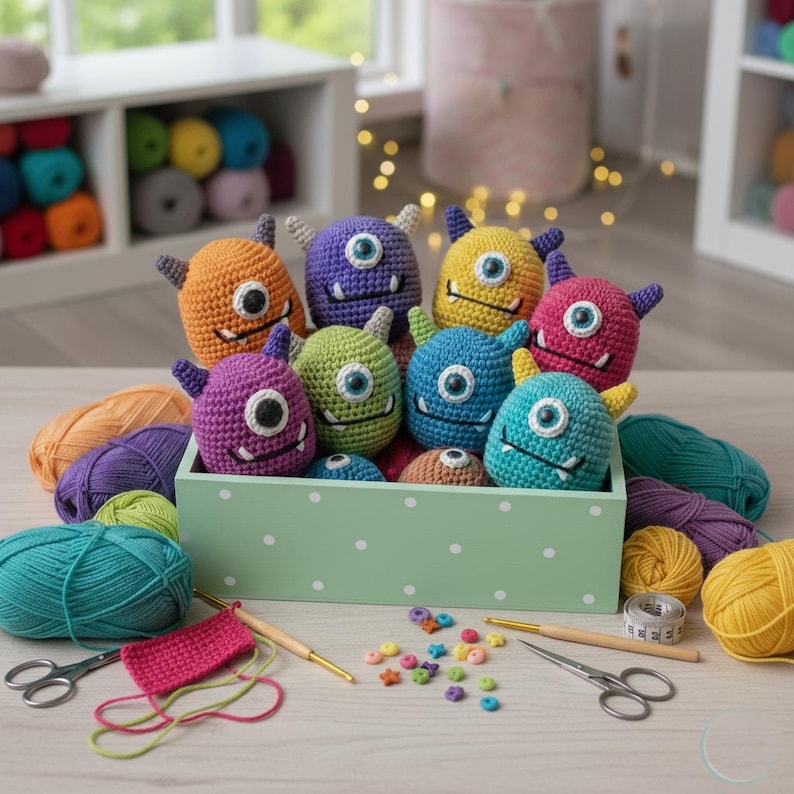 May include: A collection of colorful, crocheted monster toys in a light green box with white polka dots. The monsters are various colors, including orange, purple, yellow, green, blue, and pink. Crafting supplies, including yarn, scissors, and crochet hooks, are also visible.