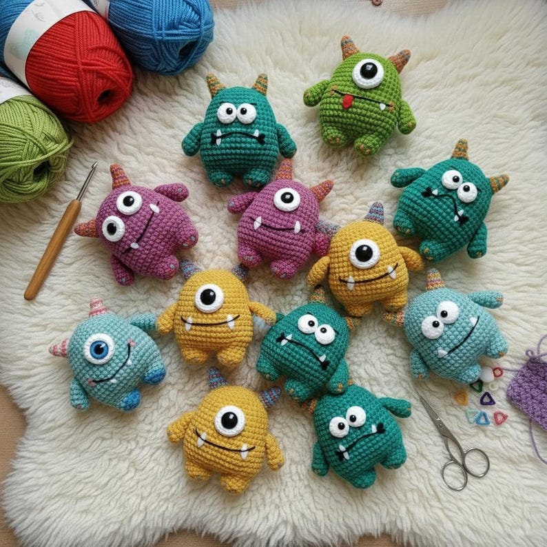 May include: A collection of colorful, crocheted monster toys in various shades of green, blue, yellow, and purple. Each monster has one or two eyes, horns, and a smiling mouth. The toys are arranged on a white, fluffy surface, with yarn and crochet tools nearby.