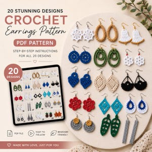 May include: A collection of twenty crochet earring designs in various colors and shapes, including white snowflakes, blue hearts, and red flowers. The image also features a tablet displaying all 20 designs and the text "CROCHET Earrings Pattern".