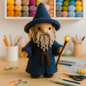 May include: A handcrafted crochet wizard doll. It features a blue hat and robe, a long beige beard, and a staff with a glowing orb. The doll is on a wooden surface, with craft supplies in the background.