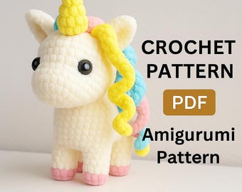 May include: A crocheted unicorn amigurumi in cream, with a yellow horn, yellow and blue mane, and pink hooves. The text "CROCHET PATTERN PDF Amigurumi Pattern" is displayed on the right side of the image.