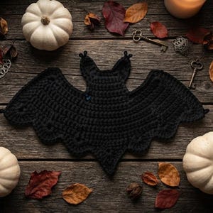 May include: A black crocheted bat ornament with scalloped wing edges. The bat is surrounded by two white pumpkins, scattered dried autumn leaves, and two small metal keys on a dark, weathered wooden surface with a glowing candle nearby.