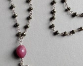 Silver Shiva and Pyrite Rosary Necklace with Ruby Bead