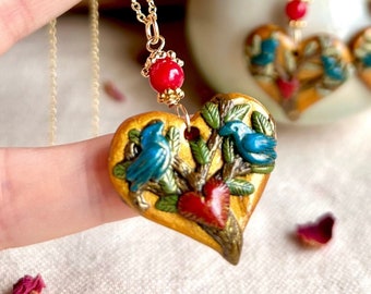 Love birds polymer clay heart pendant, Valentine gift for her, gift for bird lover