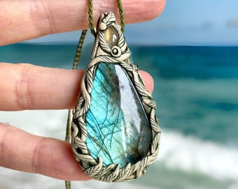 Labradorite polymer clay necklace, Clay pendant, Healing crystal necklace, Handmade gemstone necklace, Gift for ocean lovers