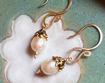 Gold filled pearl drop earrings, Elegant wedding jewelry, Bridal pearl earrings, Bridesmaid earrings, Valentine Gift for her