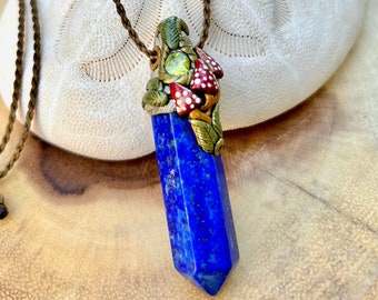 Lapis lazuli crystal point mushroom clay pendant - red mushroom with white polka dots gemstone necklace