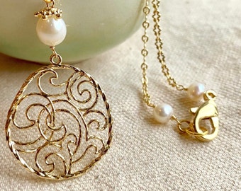 Gold plated circle wave filigree pendant with white pearl - Elegant Boho Chic wave necklace - Valentine gift for her