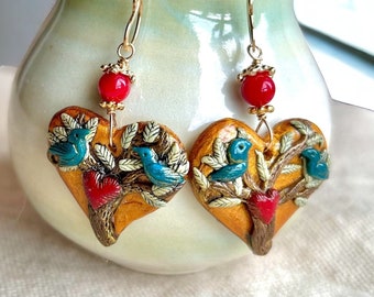 Love birds polymer clay earrings, heart shaped love birds on a tree earrings, Valentines gift for her, bird lover gift