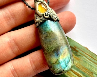 Labradorite Pendant with citrine - Whimsical Clay Necklace - Blue Flash labradorite