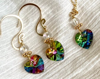 Heart Valentine pendant and earrings, Crystal heart pendant necklace with earrings, Rainbow heart crystal jewelry set, Gift for her