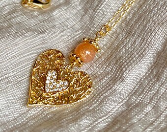 Heart Valentine pendant and earrings, Gold plated heart necklace with sunstone, Minimalist heart jewelry set, Gift for her