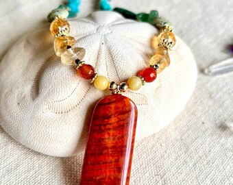 Fire Agate Chakra Gemstone Necklace, Boho Pendant