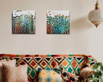 Set of 2 original wall art flow acrylic paintings, vibrant color diptych, Original wall art, Boho home decor