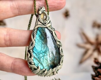 Labradorite pendant necklace, Polymer clay pendant, Healing crystal necklace, Handmade gemstone necklace,