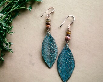 Gold plated Long leaf dangle earrings with green patina tone, Gold Boho leaf earrings, Christmas gift, Gift for her