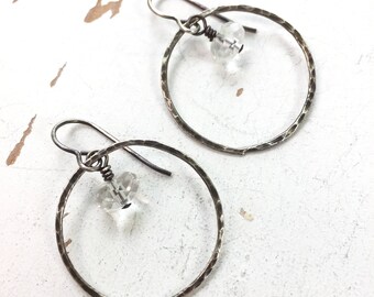 Fused Fine Silver - Circles Earrings - Crystal Quartz Beads - oxidized