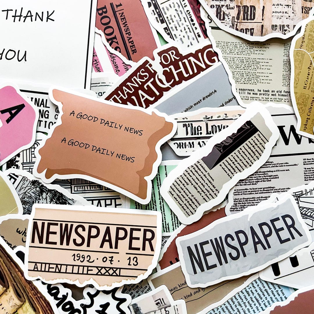 Newspaper Sticker Design 50 Random Vintage Newspaper Stickers, Retro Book Page Stickers ...