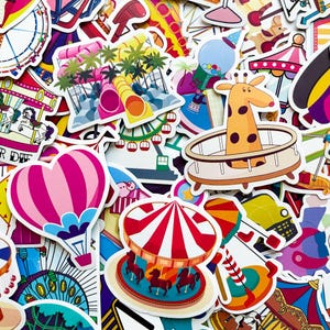 50 Random Amusement Park Stickers, Cartoon Carnival Ride Stickers, Carousel and Ferris Wheel Stickers, Waterproof Stickers for Kids&#39;Craft