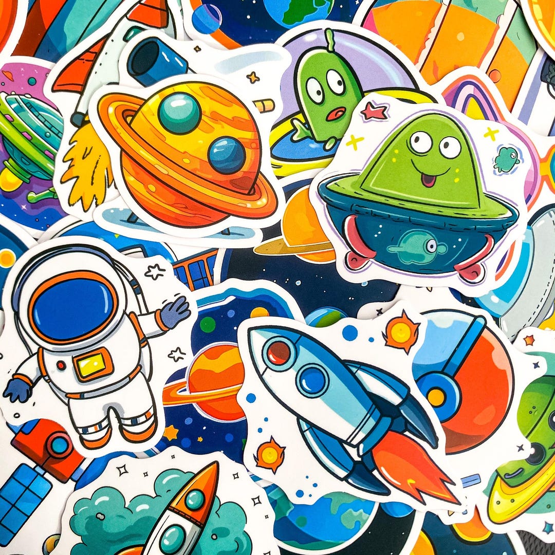 50PCS Vibrant Cartoon Space Stickers, Cool Astronaut Cosmic Stickers ...