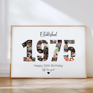 Puede incluir: Un collage de fotos enmarcado en blanco con el texto "Establecido 1975" y "Feliz cumpleaños número 50 Te queremos!" Los números 1975 están hechos de fotos más pequeñas.