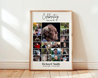 Modelo de colagem de fotos de placa de serviço memorial personalizada, Celebração da vida, Placa de boas-vindas para funeral, Para sempre em nossos corações