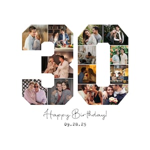 Puede incluir: Un fondo blanco con un collage de fotos en forma del número 30. Las palabras "Happy Birthday!" están escritas en cursiva debajo, con la fecha "09.28.25" debajo.