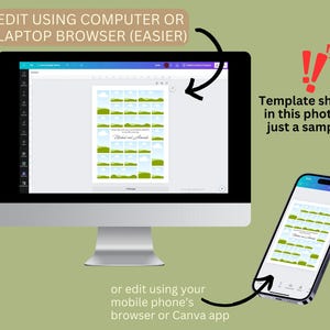 Op de afbeelding: Een computermonitor en een smartphone die een digitaal sjabloon met een raster van landschapsafbeeldingen weergeven. De tekst op de afbeelding luidt: EDIT USING COMPUTER OR LAPTOP BROWSER (EASIER), Template shown in this photo is just a sample, of edit using your mobile phone's browser or Canva app.