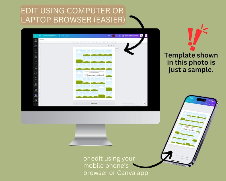 Op de afbeelding: Een computermonitor en een smartphone die een digitaal sjabloon met een raster van landschapsafbeeldingen weergeven. De tekst op de afbeelding luidt: EDIT USING COMPUTER OR LAPTOP BROWSER (EASIER), Template shown in this photo is just a sample, of edit using your mobile phone's browser or Canva app.