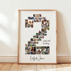 Può includere: Un collage di foto incorniciato bianco di foto di una coppia disposte a forma di numero due. Il testo "2 anni e contando..." è sotto il collage, e i nomi "Emily & Justine" sono in fondo alla foto.