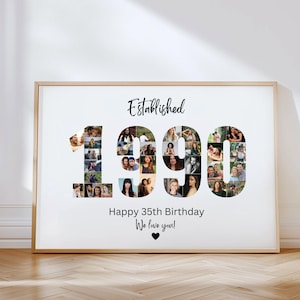 Puede incluir: Un póster blanco con texto negro que dice "Establecido 1990". Los números están hechos de un collage de fotos. El texto debajo de los números dice "Feliz cumpleaños número 35 Te queremos!" con un pequeño corazón negro.