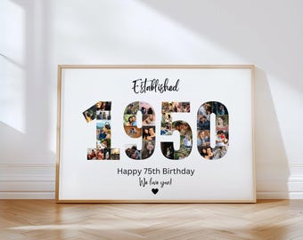 Puede incluir: Impresión enmarcada con el texto "Established 1950" y "Happy 75th Birthday We love you!". Los números están llenos de varias fotos. El marco es marrón claro y el fondo es blanco.