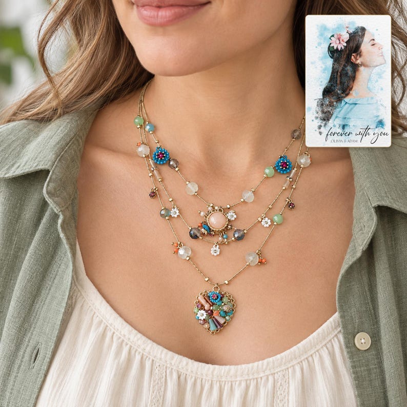 Bohemian Heart Cascade Necklace worn by an adult in a natural daytime lifestyle scene. A personalized digital greeting card is shown alongside.