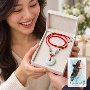 Peace Circle Green Cord Necklace shown during a warm gift-receiving moment between adults with the jewelry visible. A personalized digital greeting card is shown alongside.