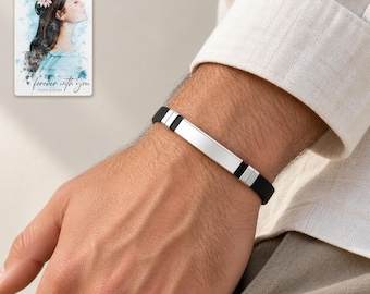 Bracciale con cinturino nero e barretta color argento lucido, bracciale minimalista regolabile, gioiello personalizzabile per tutti i giorni, ideale come regalo.