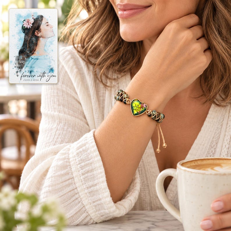 Verdant Heart Woven Bracelet worn by an adult in a natural daytime lifestyle scene. A personalized digital greeting card is shown alongside.