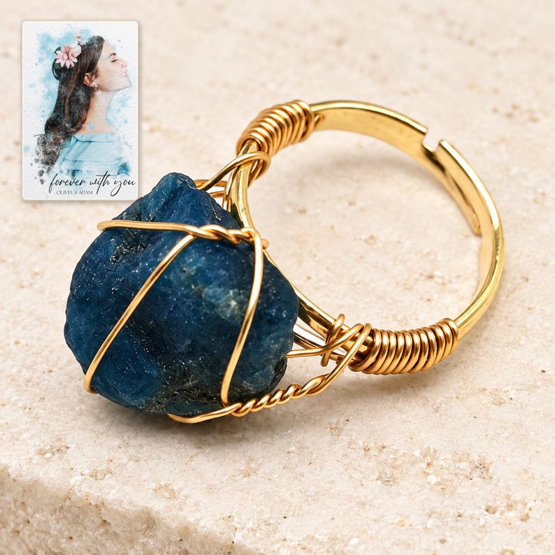 Blue Wire Wrapped Ring, hero view. A personalized digital greeting card is shown alongside.