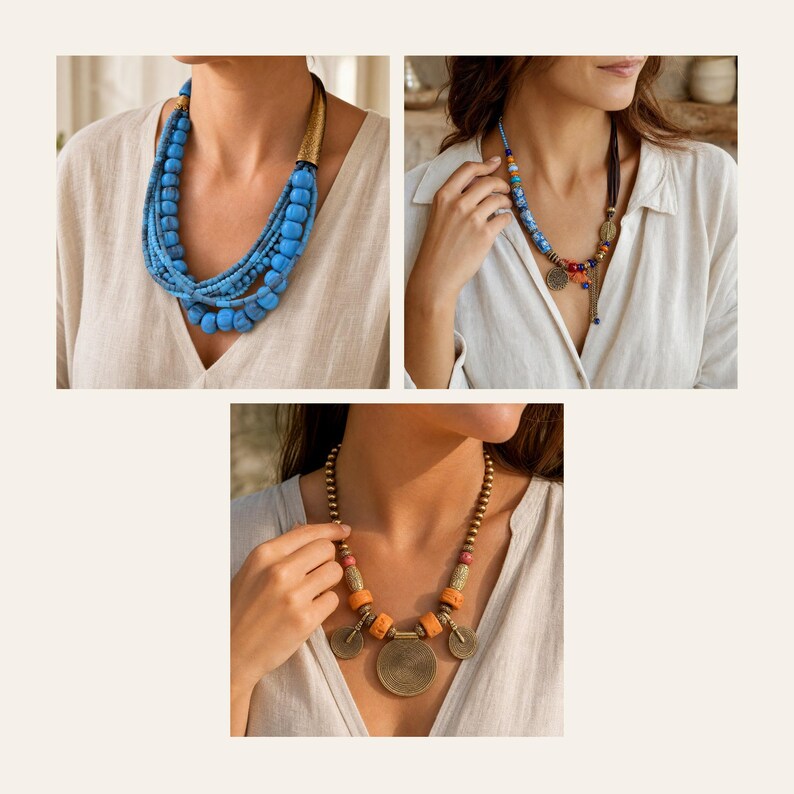 May include: A collection of three necklaces. The first is a multi-strand blue beaded necklace with gold-tone conical accents. The second features blue, red, and gold beads with a circular pendant. The third has orange and gold beads with a large disc pendant.