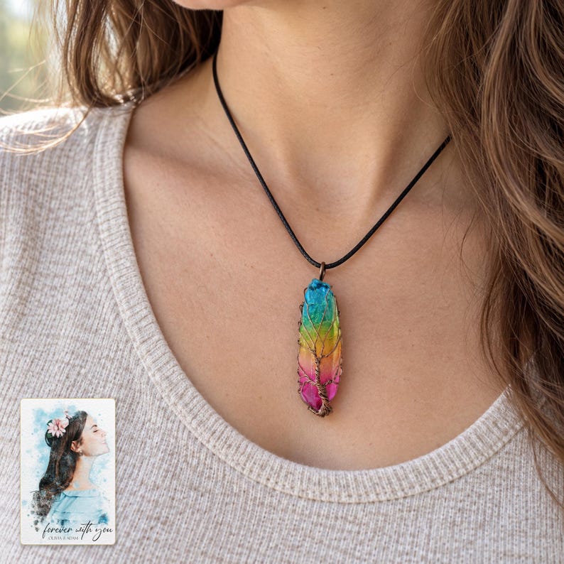 Rainbow Tree Stone Necklace, worn with daytime clothing. A sample personalized digital greeting card is shown alongside.