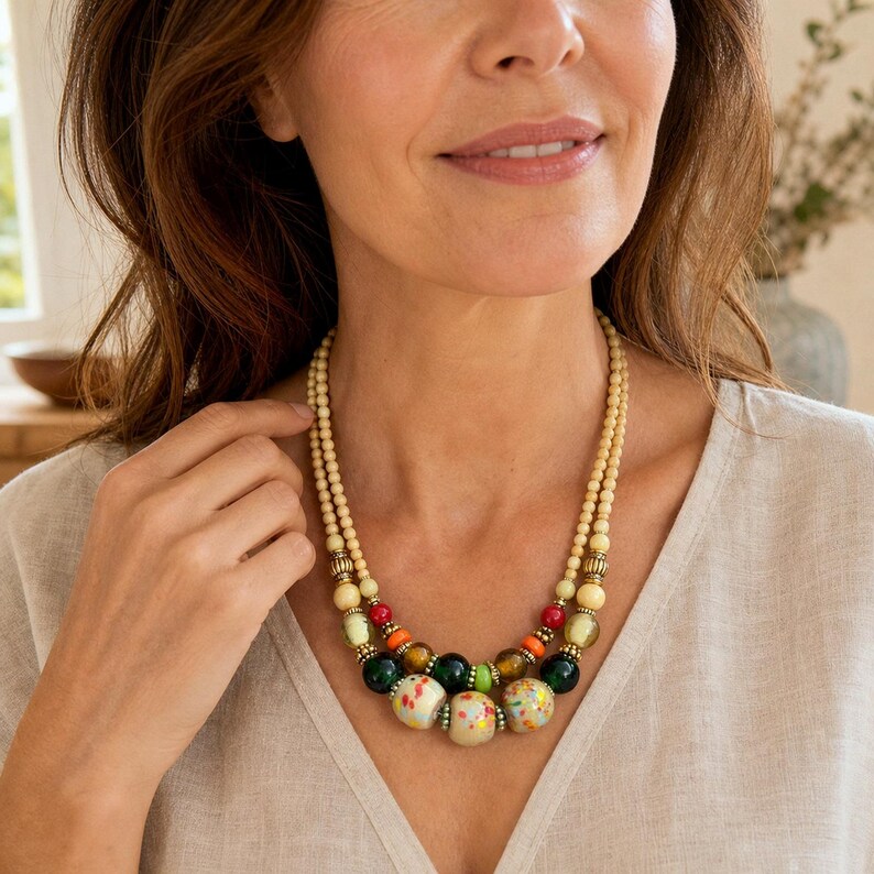 Clear and Beige Statement Beaded Necklace presented in an open jewelry gift box on natural linen