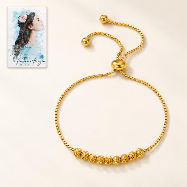 Golden Spiral Bead Slider Bracelet shown on a clean white catalog background for an unobstructed product view. A personalized digital greeting card is shown alongside.