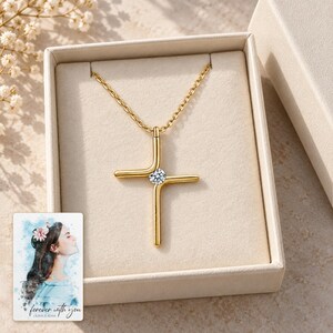 Cross Pendant Necklace, displayed in a presentation box. A sample personalized digital greeting card is shown alongside.