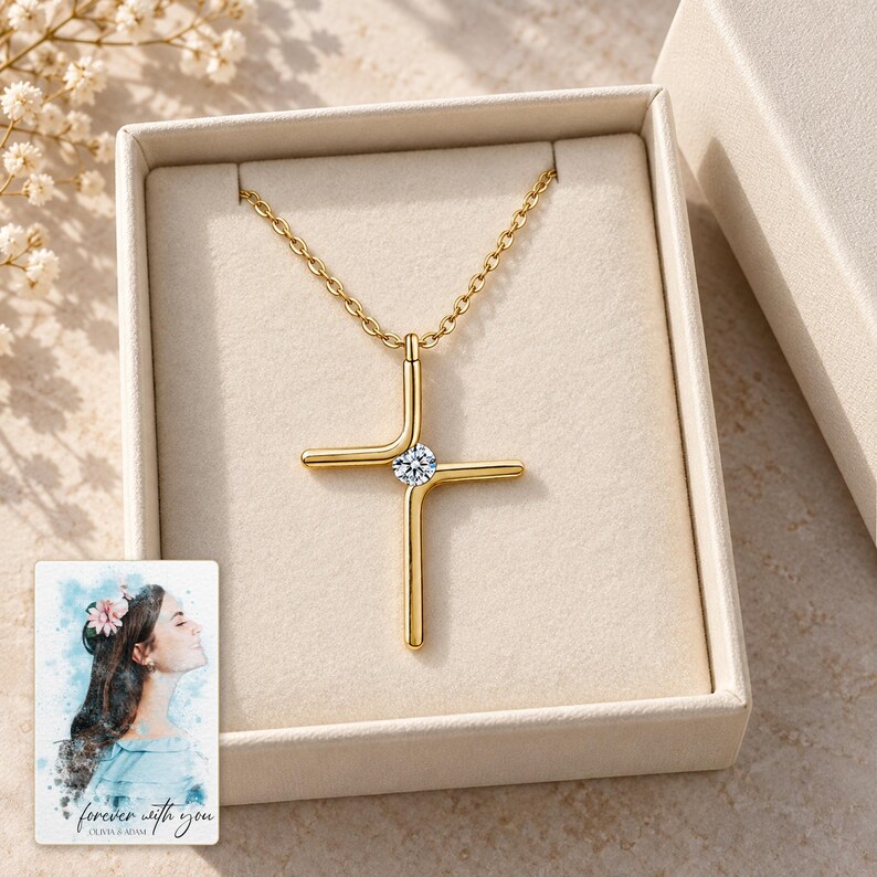 Cross Pendant Necklace, displayed in a presentation box. A sample personalized digital greeting card is shown alongside.