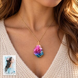 Rainbow Stone Necklace, worn with evening clothing. A sample personalized digital greeting card is shown alongside.