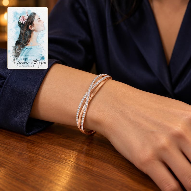 Crossover Bangle Bracelet, worn with evening clothing. A sample personalized digital greeting card is shown alongside.